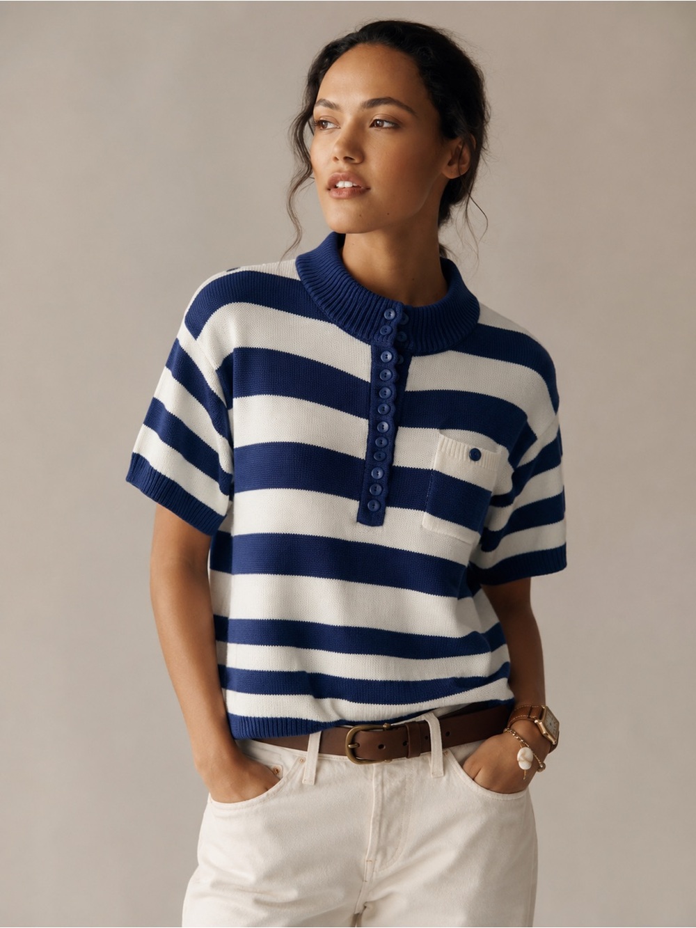 Perspective Navy and Cream Striped Cardigan